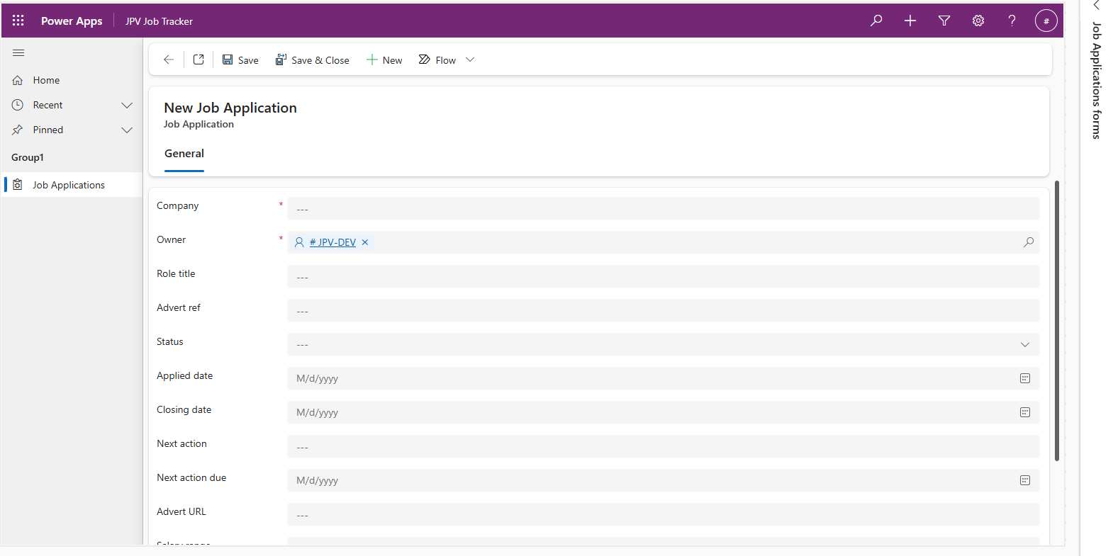 The New Job Application form, showing company, role, reference, status and the date fields.