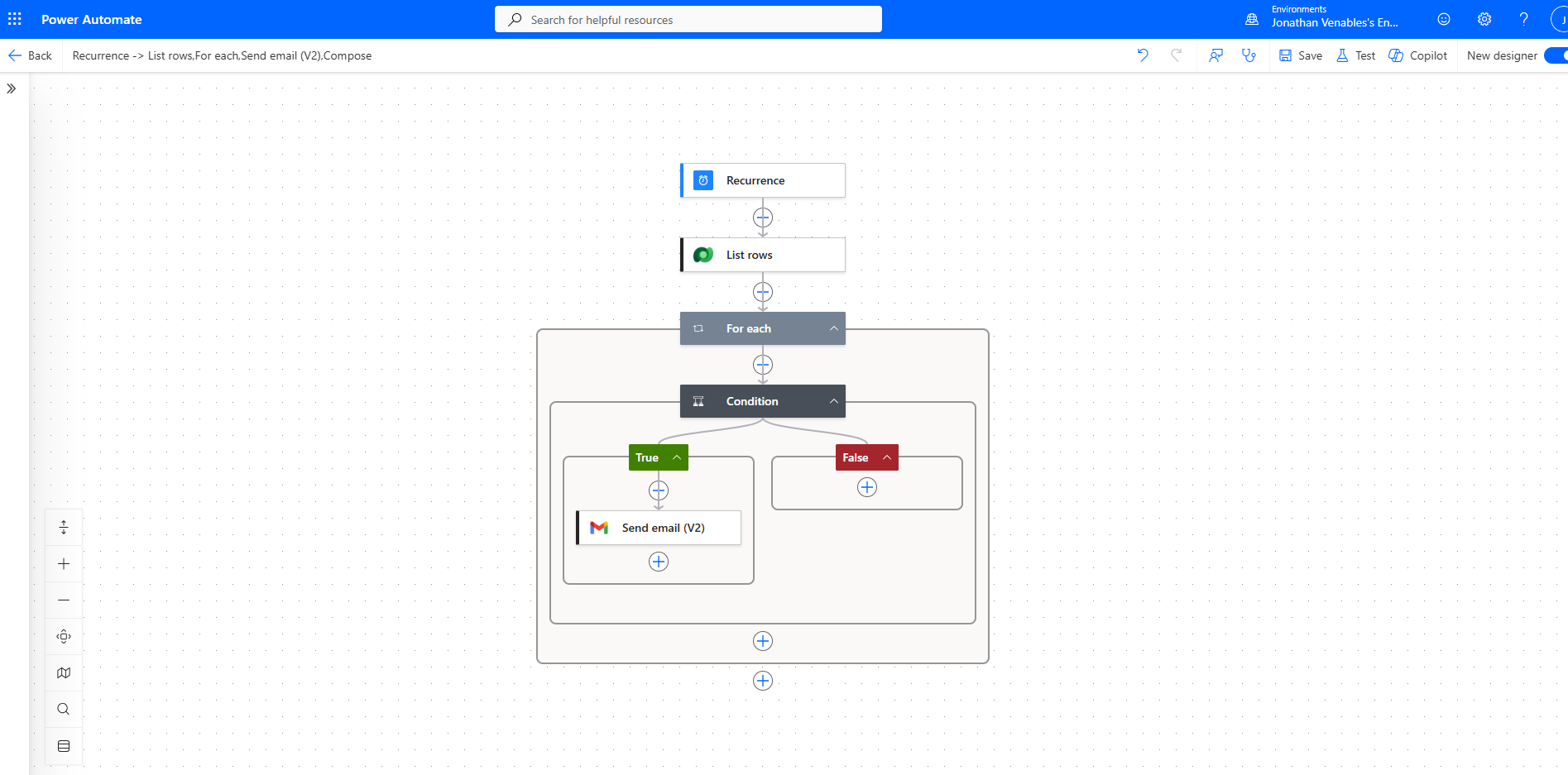 The Power Automate flow: Recurrence, then List rows, then For each with a Condition whose True branch sends an email and False branch is empty.